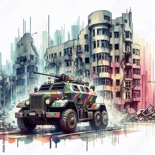 Watercolor MRAP in Ruined City. AI generated illustration photo