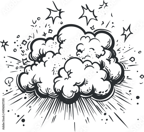 Black and white comic style explosion with smoke cloud and dynamic burst lines