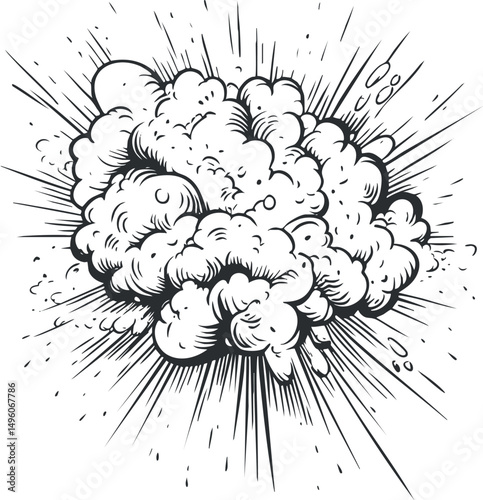 Black and white comic style explosion with smoke cloud and dynamic burst lines illustration