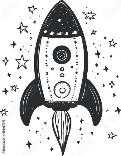 Black and white hand-drawn rocket ship illustration surrounded by stars in space with flames
