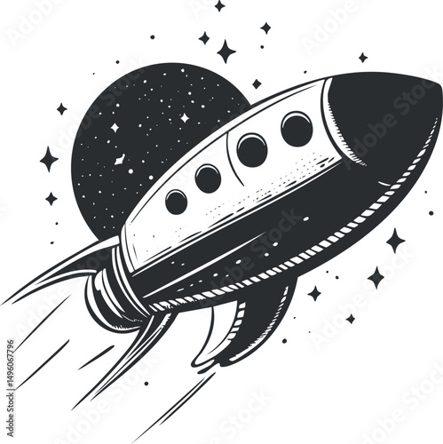 Black and white illustration of a rocket spaceship flying in outer space with stars and a planet in the background