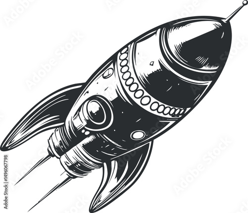 Black and white vintage rocket ship illustration flying through space with retro design