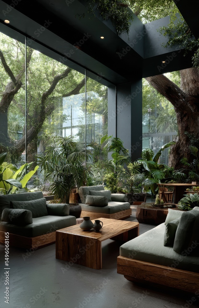 Fototapeta premium Modern hotel lobby overlooking lush tropical forest