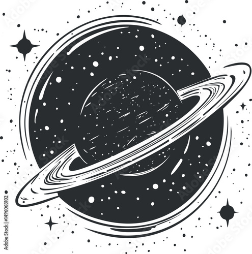 Black and white illustration of a ringed planet in space surrounded by stars and cosmic elements