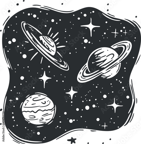 Black and white illustration of planets with rings and stars in outer space background