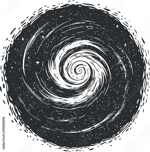 Black and white illustration of a spiral galaxy with swirling stars and cosmic patterns in space