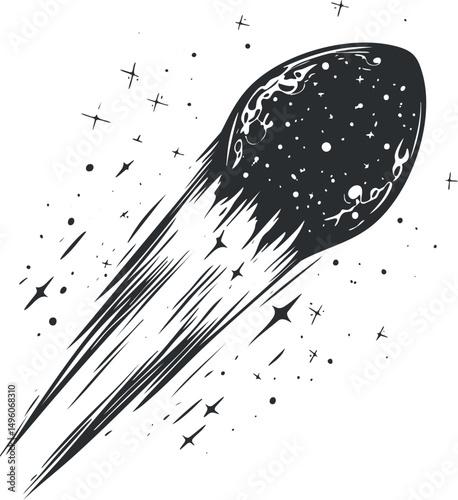 Black and white illustration of a meteor or comet burning through space with a fiery trail and stars