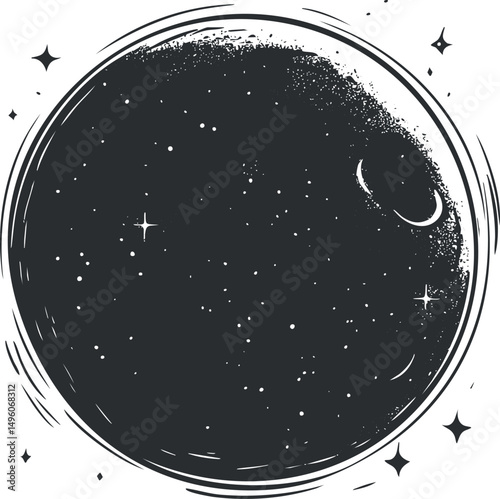 Black and white circle illustration depicting a stylized moon or planet with stars in space.