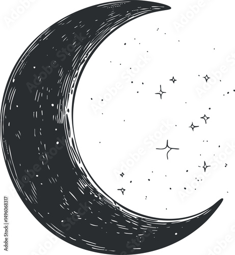 Black and white hand drawn crescent moon with stars illustration representing night sky and celestial body
