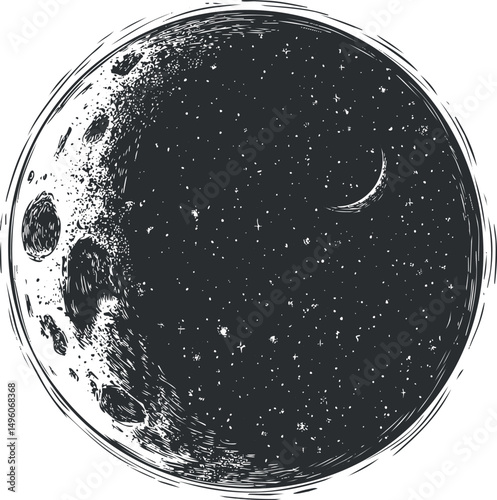 Detailed black and white illustration of the moon with craters and crescent shape in starry night sky