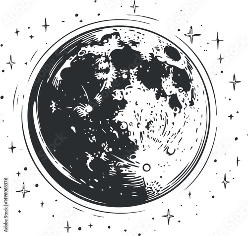Black and white illustration of the moon with craters and stars in space surrounding it