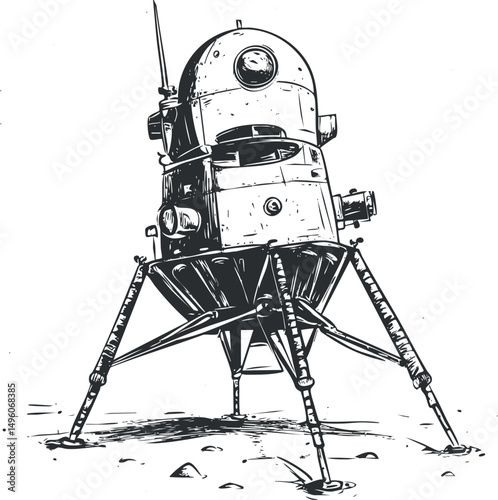 Black and white illustration of a robotic spacecraft lander designed for moon or planetary surface exploration.