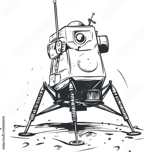 Black and white sketch of a robotic lunar lander with mechanical legs on a moon surface