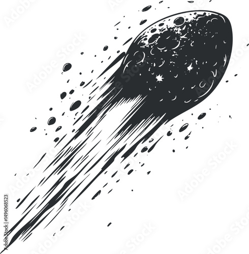 Black and white vector illustration of a meteor or asteroid speeding through space with a fiery trail