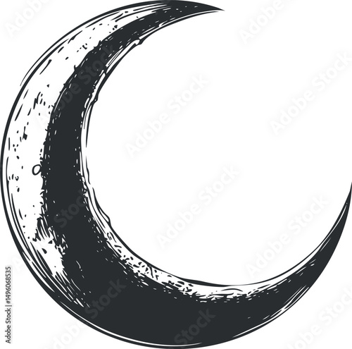 Hand-drawn black crescent moon illustration with detailed texture and shading on white background