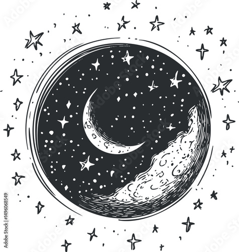Black and white hand-drawn illustration of a crescent moon surrounded by stars in a circular frame