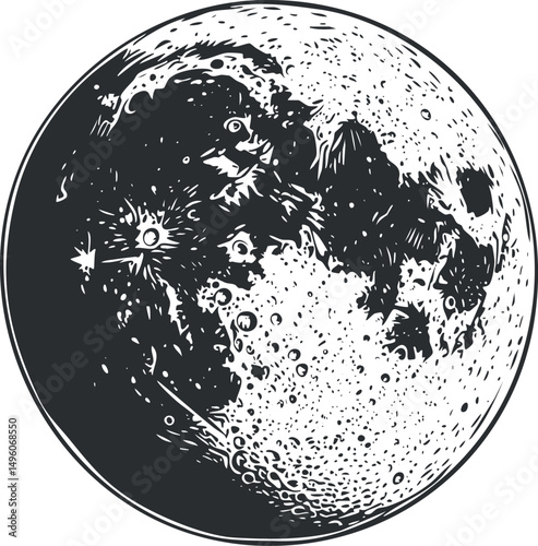 Black and white detailed illustration of the moon showing craters and surface texture in space