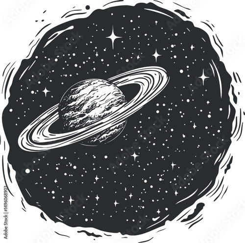 Black and white illustration of a ringed planet surrounded by stars in outer space with cosmic texture