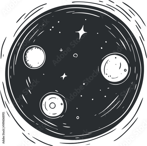 Black and white illustration of planets and stars in space showing a cosmic and celestial scene