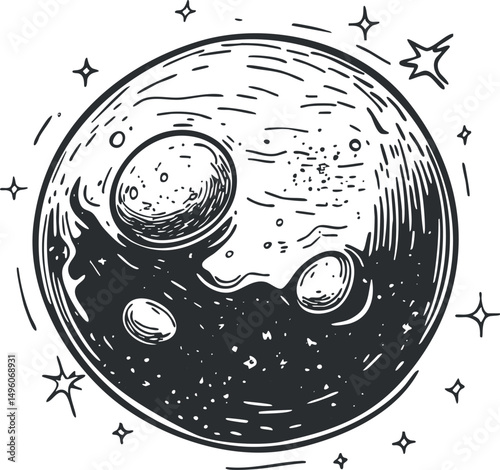 Black and white hand-drawn illustration of the moon with craters surrounded by stars in outer space