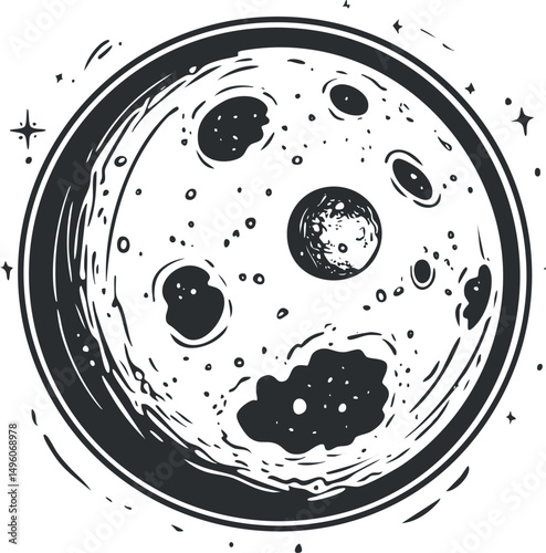Illustration of the moon with detailed craters and shadows, representing lunar surface and space.