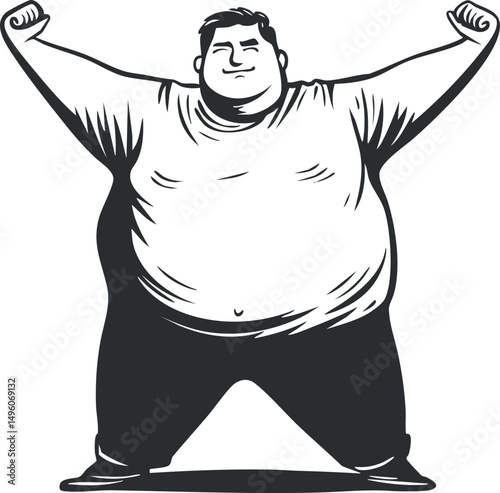 Illustration of a happy overweight man celebrating with arms raised in victory and confidence.