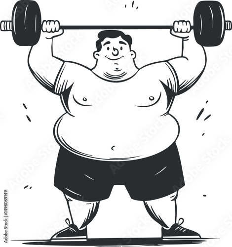 Cartoon illustration of an overweight man lifting a heavy barbell for strength training and fitness exercise