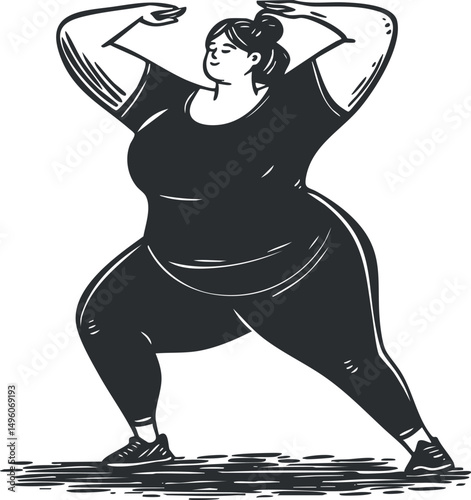 Black and white illustration of a plus size woman stretching and exercising in activewear, promoting body positivity and fitness.
