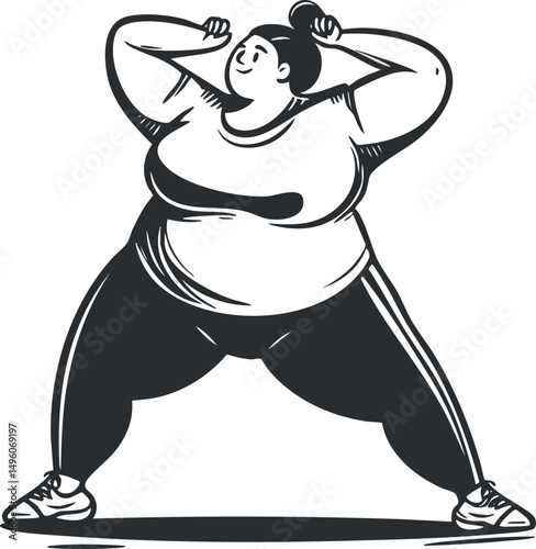 Black and white illustration of a plus size woman stretching and exercising in casual workout clothes.