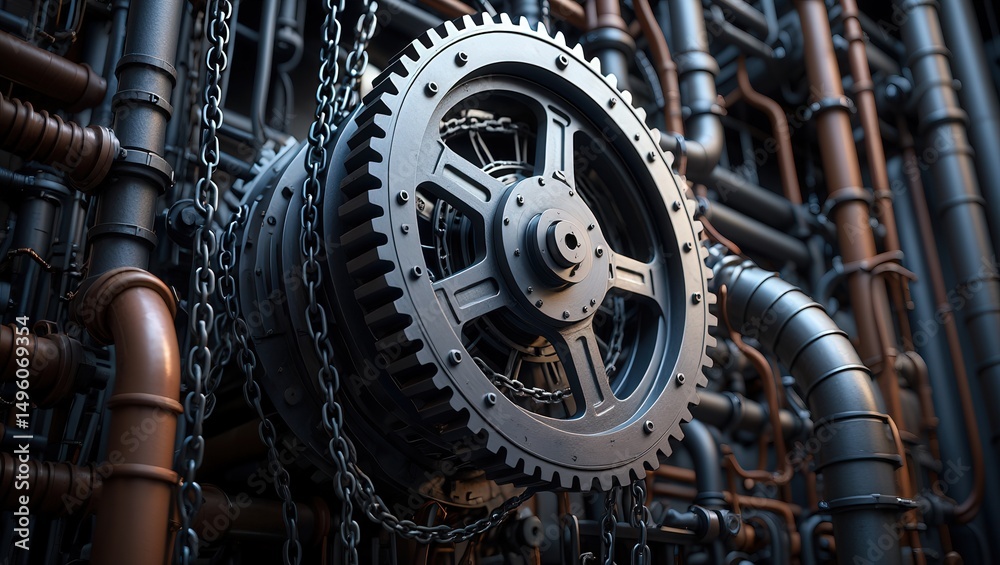 Fototapeta premium A complex mechanical assembly featuring a prominent gear in the center, surrounded by pipes and chains.