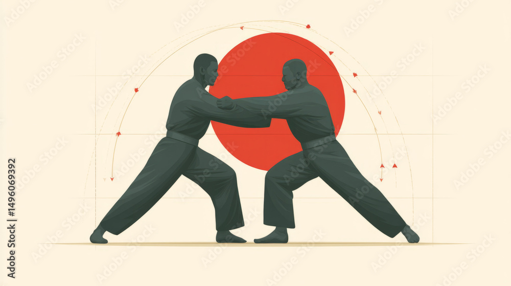 Obraz premium Two men practicing martial arts with japanese sun symbol background