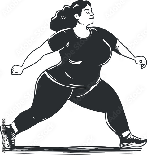 Black and white vector illustration of a confident plus size woman walking actively in casual fitness wear and sneakers