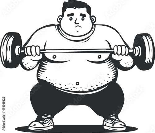 Cartoon illustration of an overweight man struggling to lift a heavy barbell during weightlifting exercise