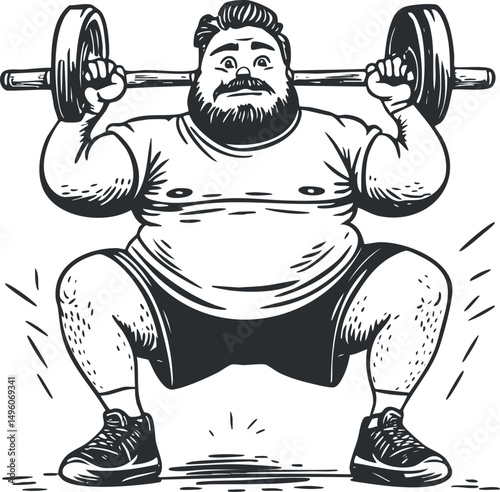 Black and white illustration of a bearded man performing a squat exercise with a heavy barbell for strength training.