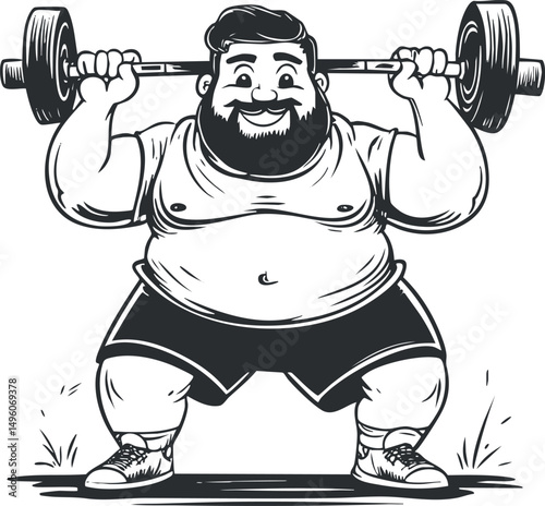 Illustration of a bearded man lifting a heavy barbell in a fitness workout, showing strength and power.