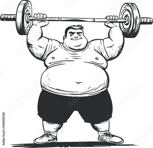 Cartoon illustration of a muscular overweight man lifting a heavy barbell above his head in a fitness workout