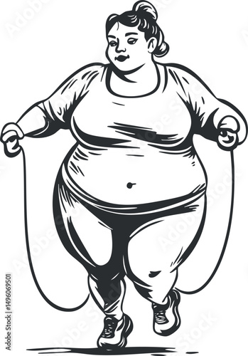 Black and white illustration of a plus size woman exercising by jumping rope for fitness and health