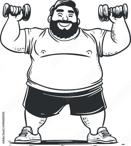 Cartoon illustration of a smiling bearded man lifting dumbbells in workout shorts and sneakers
