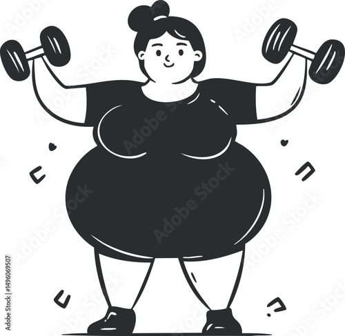 Illustration of a plus size woman lifting dumbbells showing strength and fitness activity