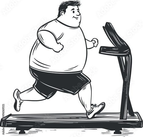Illustration of an overweight man running on a treadmill for fitness and weight loss exercise