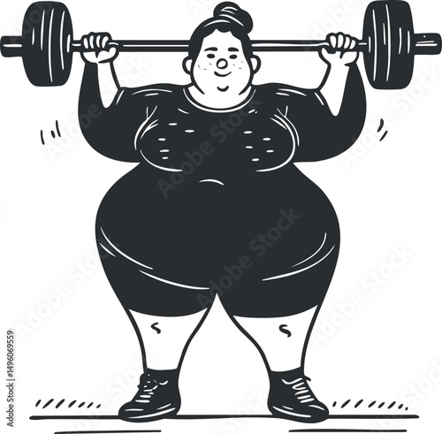 Illustration of a plus size woman lifting a heavy barbell during a strength training workout session