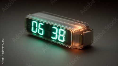 Close-up of a digital clock displaying 06:38 with a soft, diffused lighting