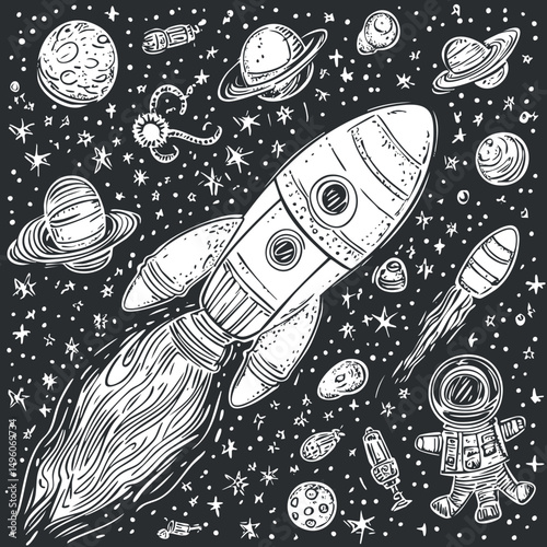 Hand-drawn white rocket and astronaut floating in space with planets and stars on black background