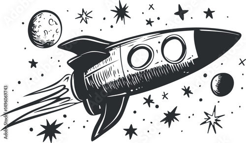 Black and white hand drawn rocket flying through space with stars and planets around it