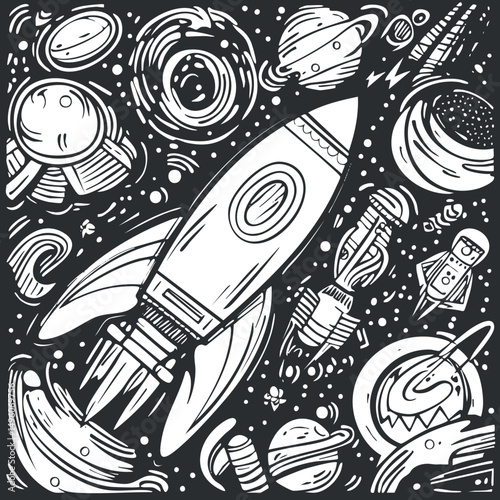 Black and white hand-drawn illustration of a rocket flying in outer space surrounded by planets and space objects