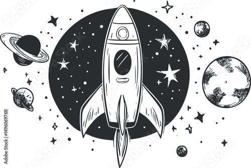 Black and white illustration of a rocket flying through space surrounded by planets and stars