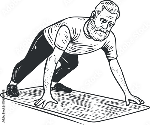 Black and white illustration of a mature man in a stretching pose on a yoga mat practicing fitness and flexibility exercises