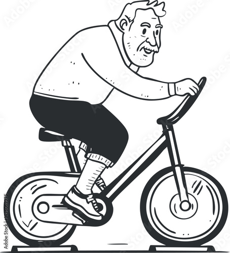 Black and white illustration of a man riding a bicycle for exercise and outdoor fitness activity