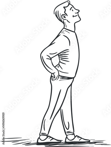 Illustration of a confident man standing with hands on hips and a proud smile in side profile