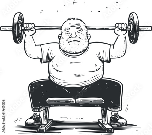 Black and white illustration of a man doing bench press weightlifting exercise in the gym